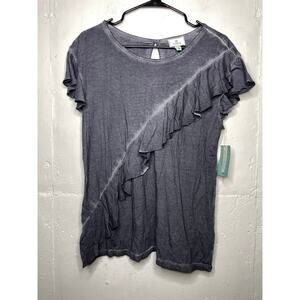 NEW Susina Ruffle Trim Blouse Burnout Gray Size Large Short Sleeve